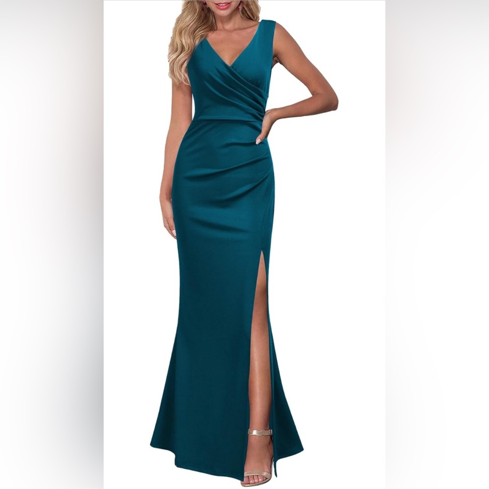 Woosea Women’s Sleeveless V-Neck Split Formal Cocktail Long Dress Teal Blue NWOT